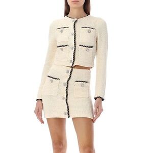 Self Portrait cream black sequin knitted cropped cardigan mini skirt set pearl *
